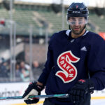 SEATTLE, WASHINGTON - DECEMBER 31: Jordan Eberle #7 of the Seattle Kraken looks on during practice before the Discover NHL Winter Classic at T-Mobile Park on December 31, 2023 in Seattle, Washington. (Photo by Steph Chambers/Getty Images)