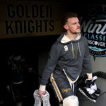 SEATTLE, WASHINGTON - DECEMBER 31: Jack Eichel #9 of the Vegas Golden Knights looks on during practice before the Discover NHL Winter Classic at T-Mobile Park on December 31, 2023 in Seattle, Washington. (Photo by Steph Chambers/Getty Images)