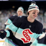 SEATTLE, WASHINGTON - JANUARY 01:  Will Borgen #3 of the Seattle Kraken warms up prior to the game against the Vegas Golden Knights at T-Mobile Park on January 01, 2024 in Seattle, Washington. (Photo by Steph Chambers/Getty Images)