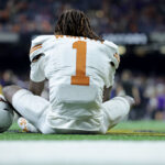 NEW ORLEANS, LOUISIANA - JANUARY 01: Xavier Worthy #1 of the Texas Longhorns reacts after a 37-31 loss against the Washington Huskies in the CFP Semifinal Allstate Sugar Bowl at Caesars Superdome on January 01, 2024 in New Orleans, Louisiana. (Photo by Jonathan Bachman/Getty Images)