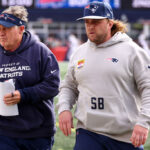 FOXBOROUGH, MASSACHUSETTS - OCTOBER 22: : Head coach Bill Belichick of the New England Patriots and linebackers coach Steve Belichick walk together during the game against the Buffalo Bills at Gillette Stadium on October 22, 2023 in Foxborough, Massachusetts. (Photo by Maddie Meyer/Getty Images)