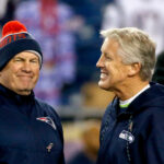 FOXBORO, MA - NOVEMBER 13: Head coach Bill Belichick of the New England Patriots talks with Head coach Pete Carroll of the Seattle Seahawks before a game at Gillette Stadium on November 13, 2016 in Foxboro, Massachusetts.  (Photo by Jim Rogash/Getty Images)
