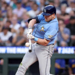 Luke Raley of the Tampa Bay Rays hits an RBI single  June 30, 2023. (Steph Chambers/Getty Images)