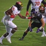 EVANSTON, ILLINOIS - OCTOBER 24: Peny Boone #13 of the Maryland Terrapins runs against Joe DeHaan #38 of the Northwestern Wildcats at Ryan Field on October 24, 2020 in Evanston, Illinois. Northwestern defeated Maryland 43-3. (Photo by Jonathan Daniel/Getty Images)