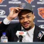 LAKE FOREST, ILLINOIS - APRIL 26: Rome Odunze #15 of the Chicago Bears answers questions from the media during his introductory press conference at Halas Hall on April 26, 2024 in Lake Forest, Illinois. Rome Odunze was selected by the Chicago Bears ninth overall in the 2024 NFL Draft on Thursday. (Photo by Michael Reaves/Getty Images)