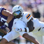 Tyrice Knight of UTEP with a tackle against Northwestern on Sept. 9, 2023. (Michael Reaves/Getty Images)