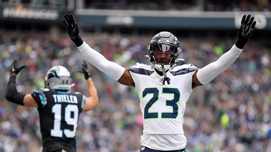 Seattle Seahawks Artie Burns celebrates incomplete pass Carolina Panthers 2023...