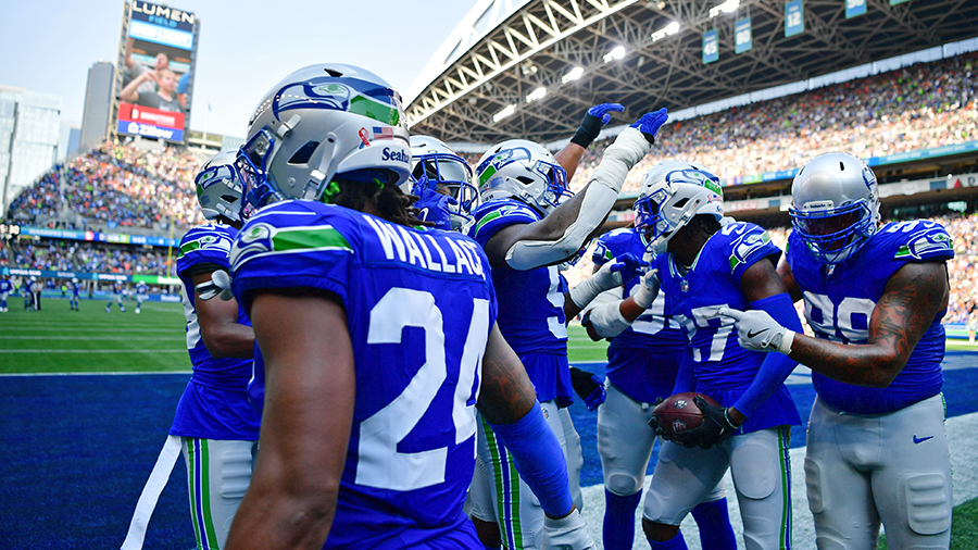 Seattle Seahawks defense celebrates interception Denver Broncos 2024...