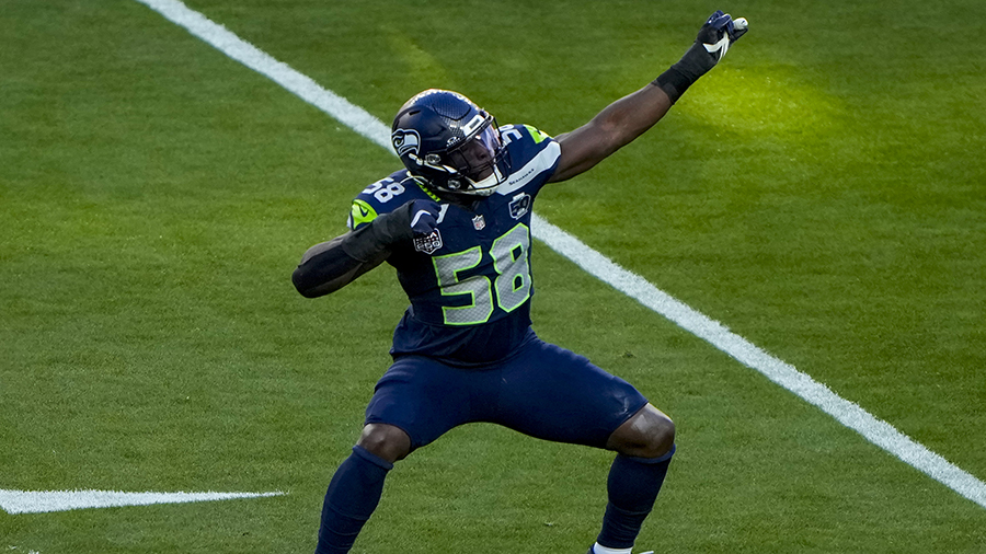 Seattle Seahawks Derick Hall sack celebration Super Bowl 2026...