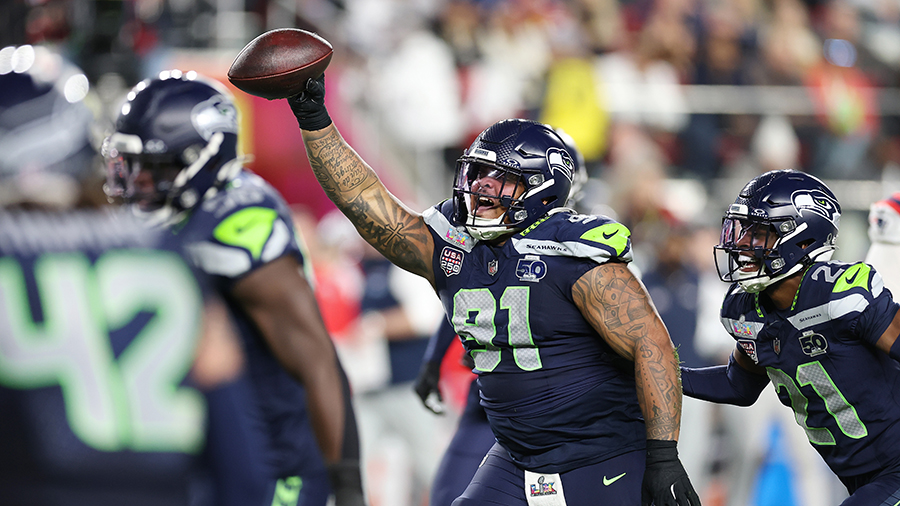Seattle Seahawks Byron Murphy II fumble recovery celebration Super Bowl 2026...