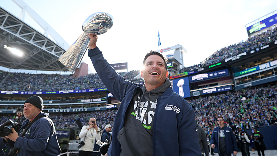 Seattle Seahawks Mike Macdonald Lombardi Trophy Super Bowl celebration 2026...