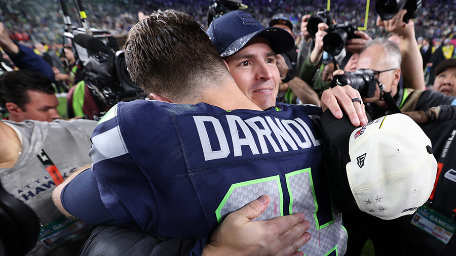 Seattle Seahawks Mike Macdonald Sam Darnold hug Super Bowl celebration 2026...