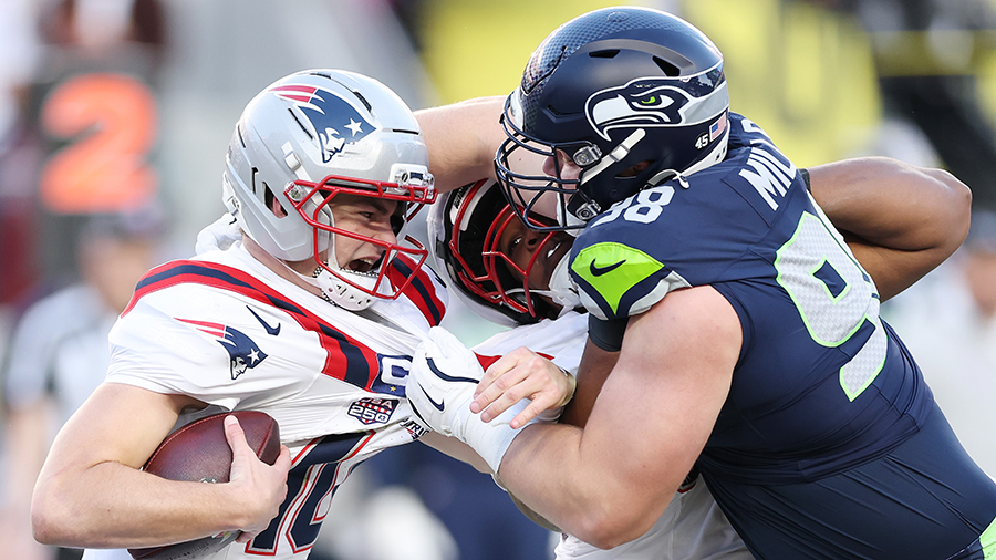 Seattle Seahawks Rylie Mills overpowering sack Super Bowl Patriots Drake Maye 2026...