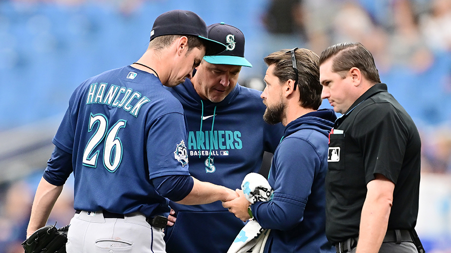 Seattle Mariners Emerson Hancock trainer hand 2026...