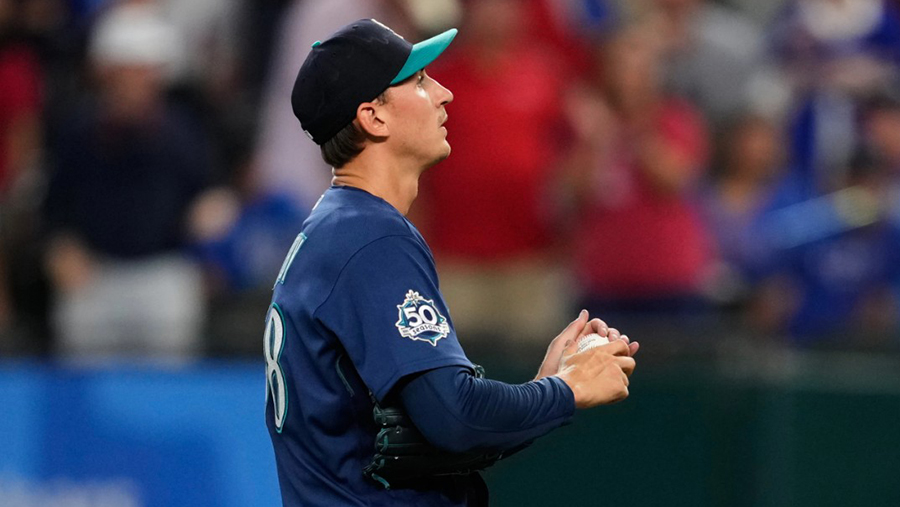 Seattle Mariners George Kirby looks on Rangers 2026...