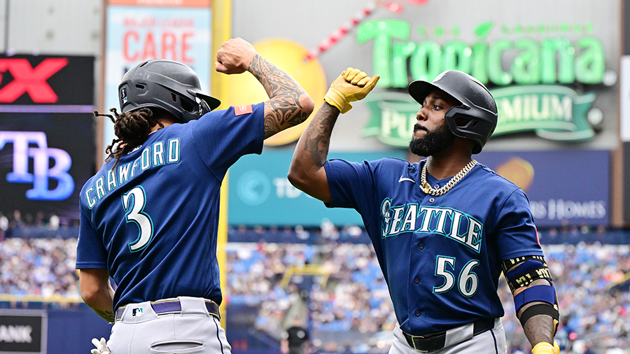 Seattle Mariners Randy Arozarena celebrates home run J.P. Crawford Rays 2026...