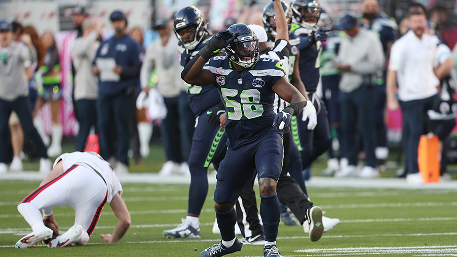 Seattle Seahawks Derick Hall celebrates sack Super Bowl Drake Maye 2026...