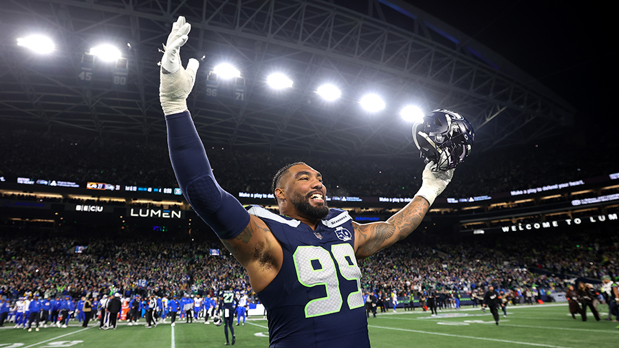 Seattle Seahawks Leonard Williams celebrates NFC Championship Rams 2026...