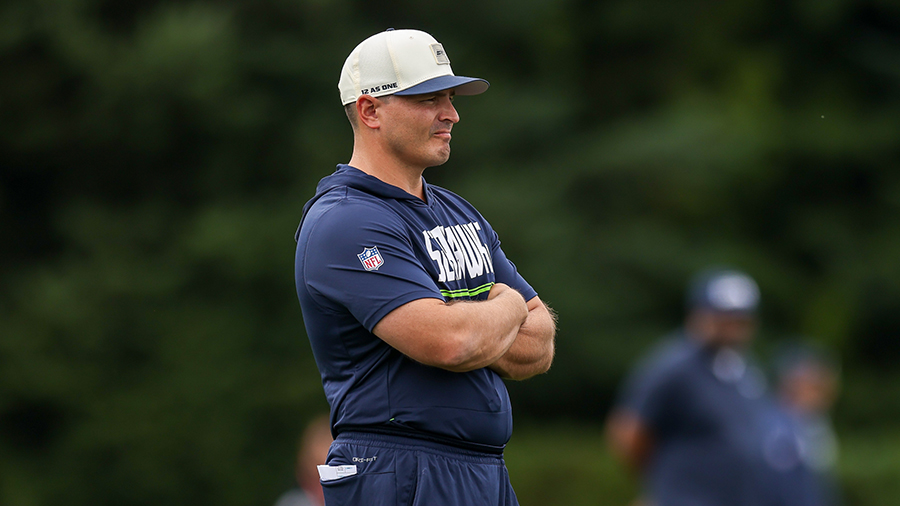 Seattle Seahawks Mike Macdonald looks on 2026 training camp...