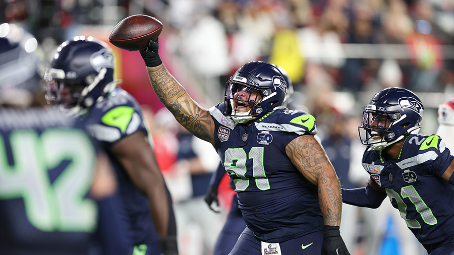 Seattle Seahawks Byron Murphy II fumble recovery Super Bowl 2026...