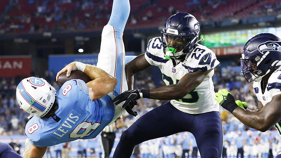 Seattle Seahawks D'Anthony Bell hits Tennessee Titans Will Levis 2026 preseason...