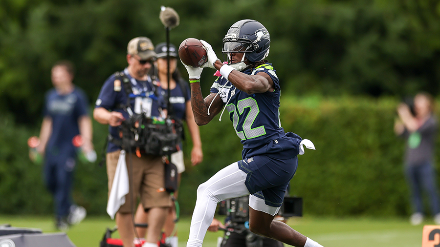 Seattle Seahawks Rashid Shaheed catches pass training camp 2026...