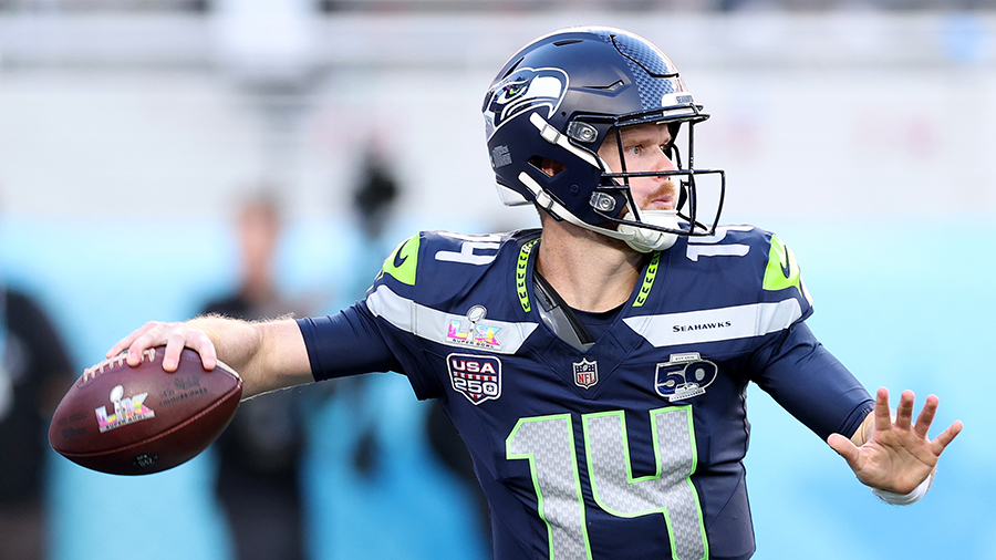 Seattle Seahawks Sam Darnold throws pass Super Bowl 2026...