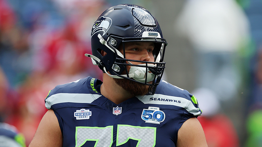 Seattle Seahawks Bryce Cabeldue looks on 2025 opener...