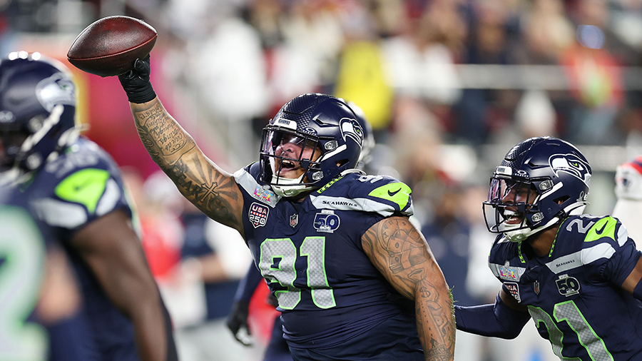 Seattle Seahawks Byron Murphy II fumble recovery Super Bowl New England Patriots 2026...