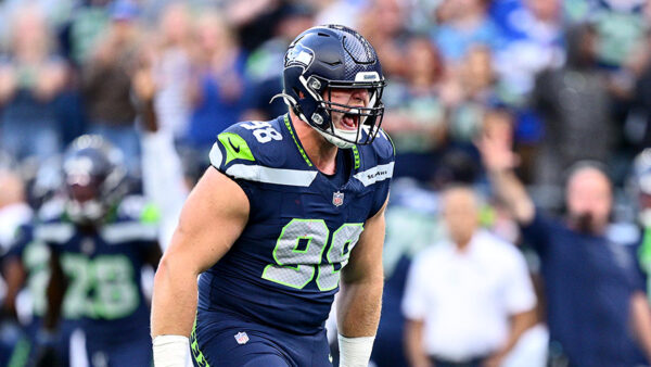 Seattle Seahawks Rylie Mills celebrates New England Patriots 2026