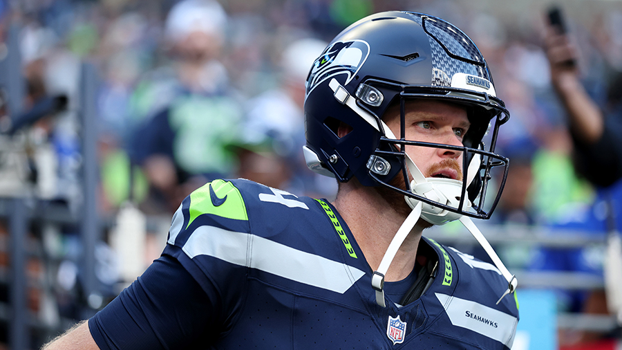 Seattle Seahawks Sam Darnold takes field pregame Patriots 2026...
