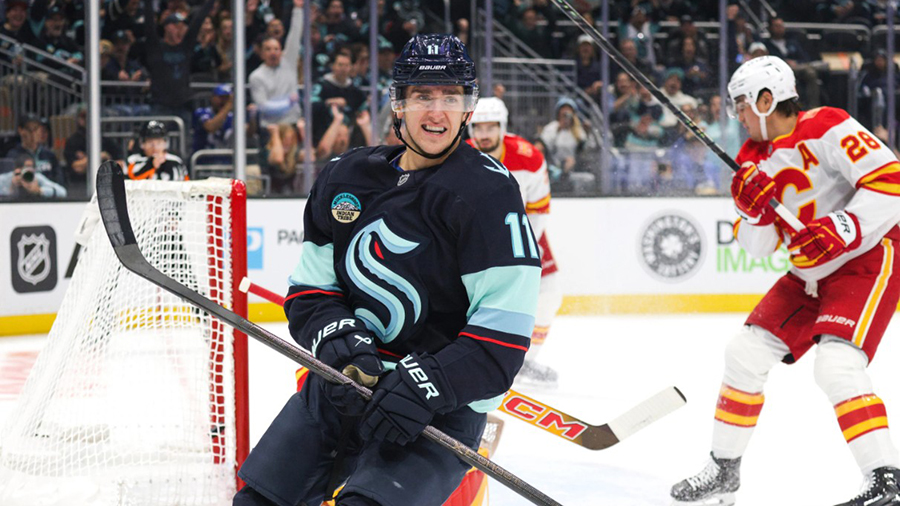 Seattle Kraken Mackie Samoskevich celebrates goal Calgary Flames 2026...