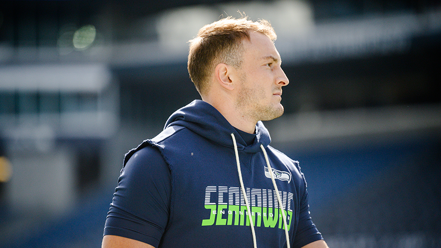 Seattle Seahawks Ty Okada looks on 2026 opener...