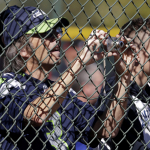 A Seattle Seahawks fan sticks his camera through a fence looking for a photo of Seahawks quarterback Russell Wilson as he worked out with the Texas Rangers during spring training baseball practice, Monday, March 3, 2014, in Surprise, Ariz. (AP Photo/Tony Gutierrez)