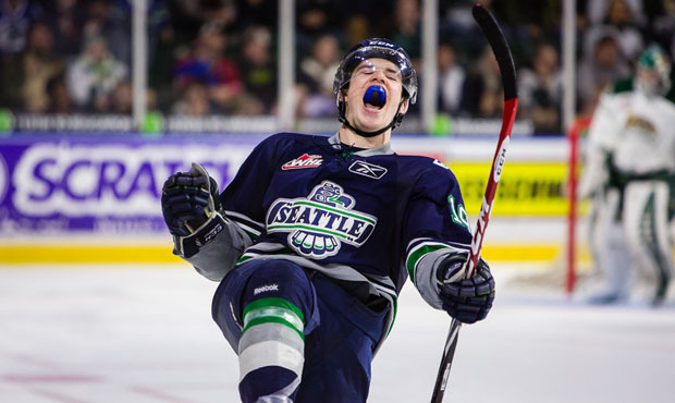 Donovan Neuls celebrates his shootout goal that clinched Seattle’s win in Everett. (Chris Mas...