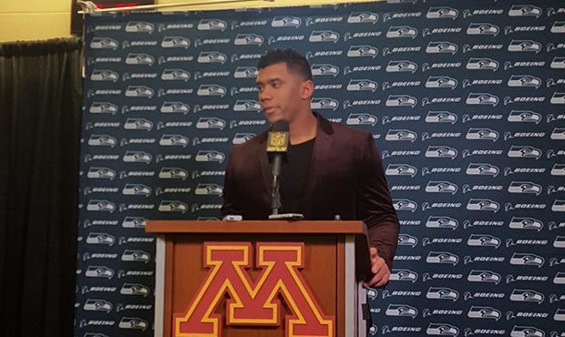 Seahawks quarterback Russell Wilson speaks in a news conference after a 38-7 win against the Viking...