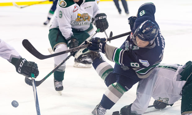 Scott Eansor gets a shot off through traffic during Seattle’s 4-1 loss to Everett. (T-Birds p...