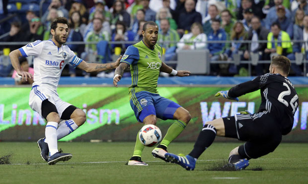 Seattle goalkeeper Stephen Frei makes a save during the Sounders’ 1-0 win over Montreal on Sa...