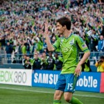 Sounders midfielder Alvaro Fernandez scores in the 9th minute with a header goal. 