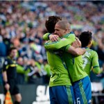 Sounders midfielders Brad Evans (left) and Osvaldo Alonso celebrate after Evan's goal in the 52nd minute. 