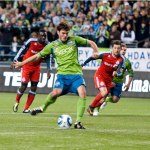 Sounders midfielder Brad Evans scores on a penalty kick in the 75th minute. 