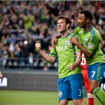 Sounders midfielder Brad Evans (left) was the man of the match. 