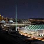 New exterior view of proposed arena showcasing "Supersonic Jet Turbine" on roof