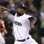 Seattle Mariners closer Fernando Rodney throws in the ninth inning of a baseball game against with some beard action. (AP Photo/Ted S. Warren)