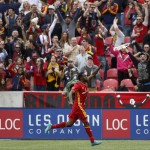
              Real Salt Lake's Sunday Stephen Obayan celebrates scoring a goal late in the first half of an MLS soccer game against the Seattle Sounders on Saturday, March 12, 2016, in Sandy, Utah.  (AP Photo/Kim Raff)
            