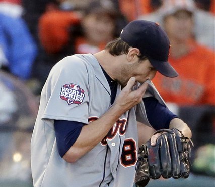 Tigers pitcher Doug Fister, a former Mariner, was hit in the head by a line drive during the World ...