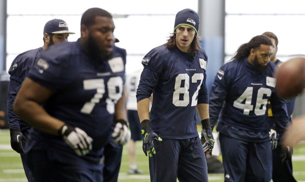 Seattle Seahawks tight end Luke Willson(82), shown here lining up for a drill at practice Wednesday...