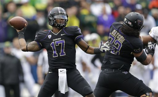 Washington quarterback Keith Price (17) looks to pass in the first half of an NCAA college football...