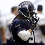 New Seattle Seahawks defensive end Patrick Chukwurah attends an NFL football practice, Thursday, Jan. 10, 2013, in Renton, Wash. The Seahawks are scheduled to play the Atlanta Falcons Sunday, in an NFC divisional playoff game. (AP Photo/Ted S. Warren)