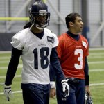 Seattle Seahawks quarterback Russell Wilson (3) walks with wide receiver Sidney Rice (18) during NFL football practice, Thursday, Jan. 10, 2013, in Renton, Wash. The Seahawks are scheduled to play the Atlanta Falcons Sunday, in an NFC divisional playoff game. (AP Photo/Ted S. Warren)